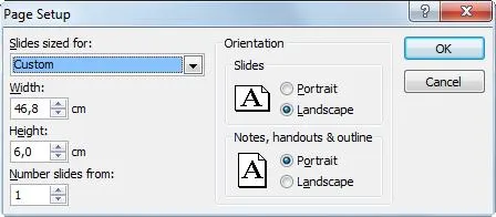 Print setup options with custom page dimensions and orientation choices.