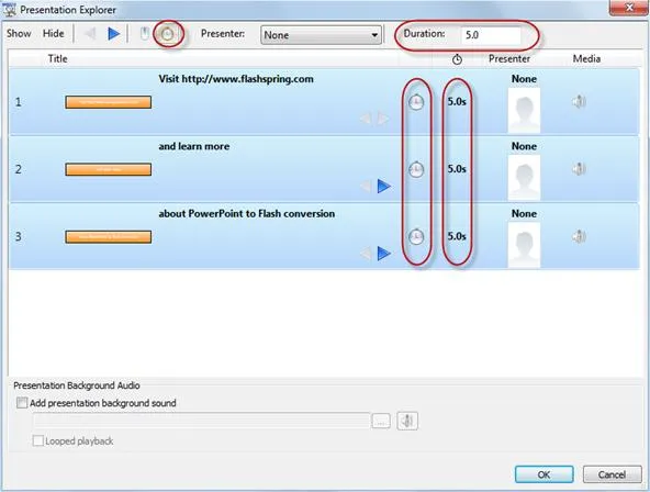 Screenshot of PowerPoint Explorer interface showing titles, durations, and editing options for slides.