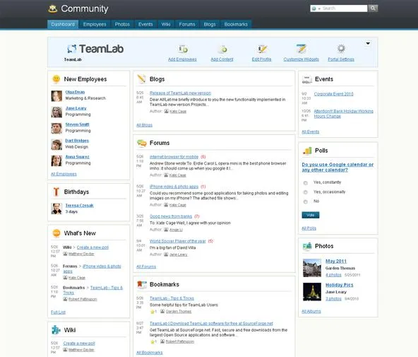 TeamLab project management dashboard with navigation menu and collaboration features.