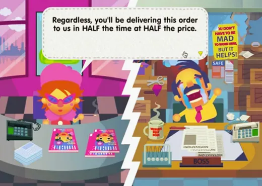 An animated scene featuring a woman at a desk and a man at a counter, discussing a fast delivery order.