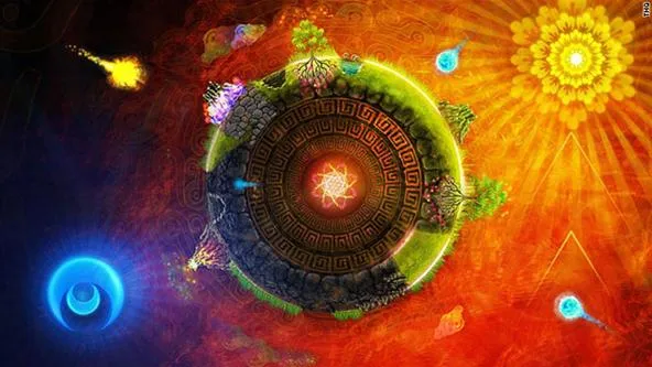 Colorful abstract representation of a celestial landscape with planets and vibrant energy patterns.