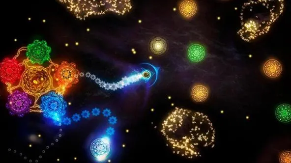 Colorful cosmic illustration depicting a glowing trail among stars and celestial bodies.