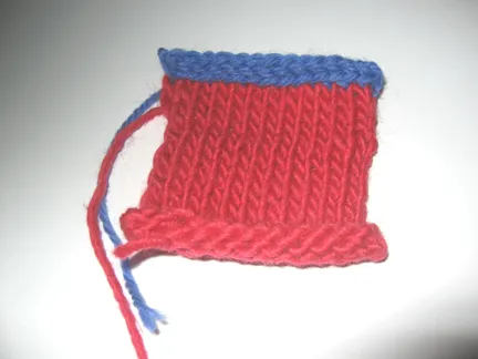 Knitted swatch featuring a red body and blue trim.