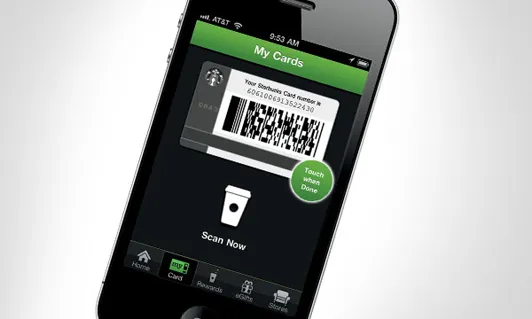Mobile payment app interface displaying a digital card with a barcode.