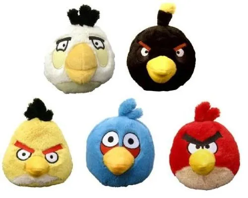 Plush toy figures of various Angry Birds characters.