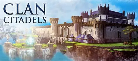 Clan Citadels - Illustration of a medieval castle with towers and turrets, surrounded by water and greenery.