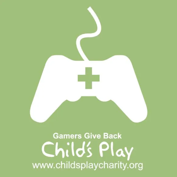 Video game controller with the text "Gamers Give Back Child's Play" and website URL.