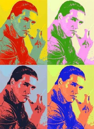 Pop art portrait of a man holding a cigarette, presented in four vibrant colors.