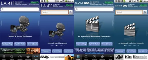 Alternative text: "Mobile interface showcasing film and production equipment listings."