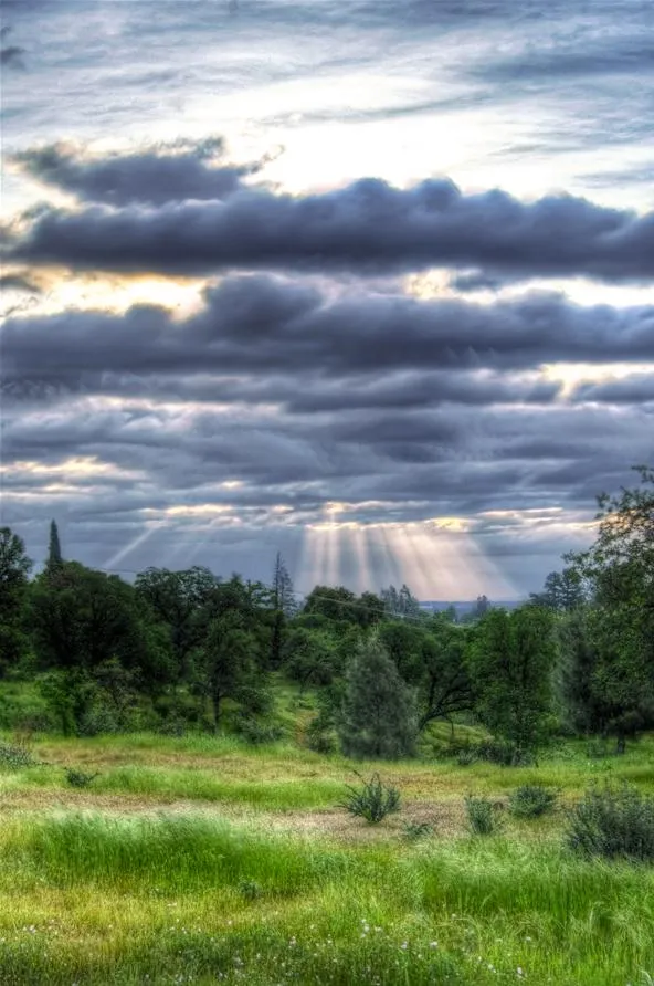 Lush green landscape under a cloudy sky with rays of sunlight breaking through the clouds.