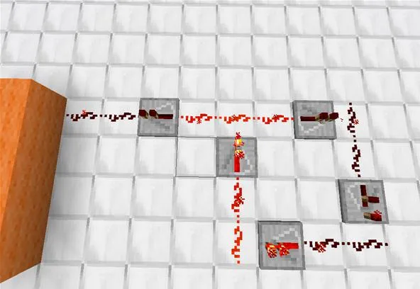 Redstone circuit layout in a block-based game.