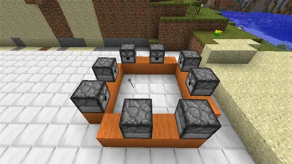 Minecraft build featuring a circular arrangement of dispensers on stone blocks and wooden planks.