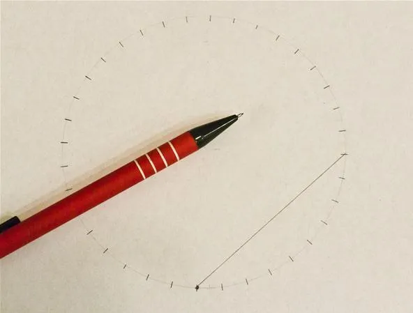 Red pen placed next to a circular protractor on a sheet of paper.