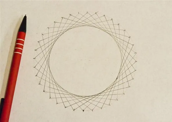 Geometric design featuring a circle surrounded by intersecting lines and points.