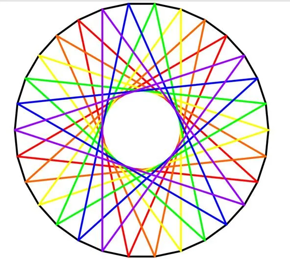 Geometric pattern with multiple intersecting colored lines forming a circular design.