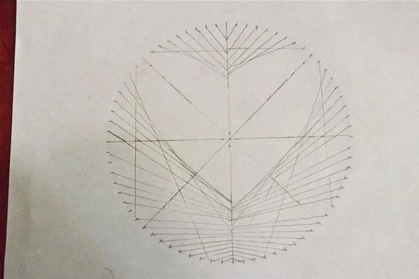 Geometric design featuring multiple intersecting lines within a circle.