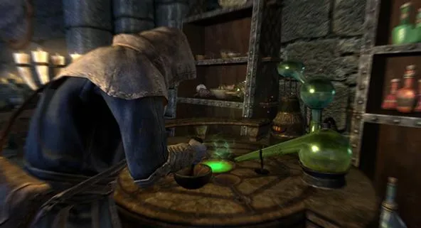 A robed figure mixing potions in a medieval laboratory.