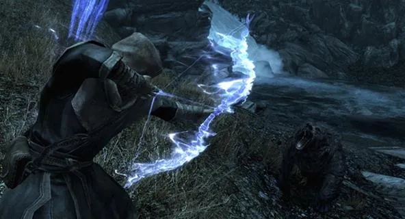 A character wielding a glowing bow and arrow in a fantasy setting.