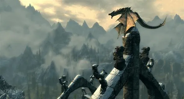 Dragon atop a rocky ledge with mountains in the background.