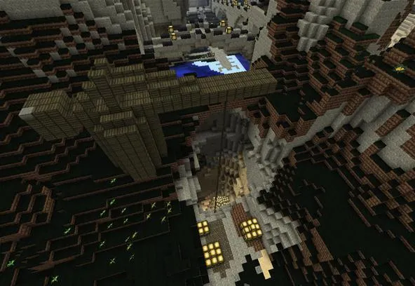 Minecraft landscape with a wooden structure and a waterfall.
