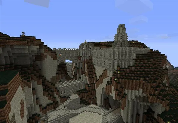Minecraft landscape featuring detailed pixelated architecture and terrain.