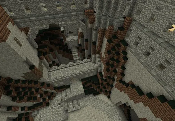 Aerial view of a Minecraft cave system with distinct rock formations.