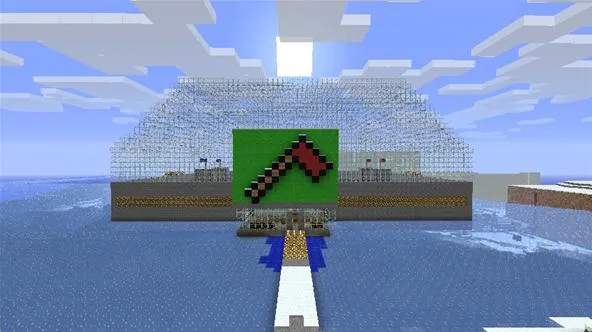 Minecraft building featuring a large green sign with a red axe icon under a cloudy sky.