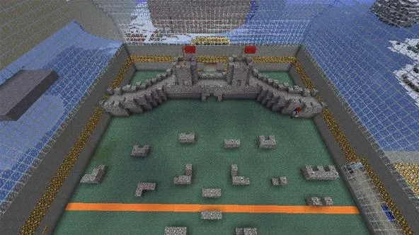 Aerial view of a stone fortress structure in a gaming environment.