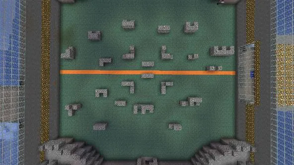 Top-down view of a gaming arena layout with structures and an orange center line.
