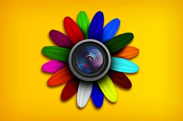 Colorful flower design with a camera lens in the center against a yellow background.