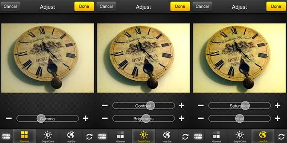 Antique clock interface with color adjustment options.