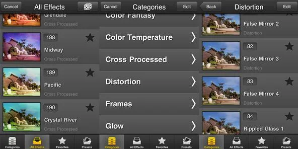 Image editing app interface displaying various photo effects and filters.