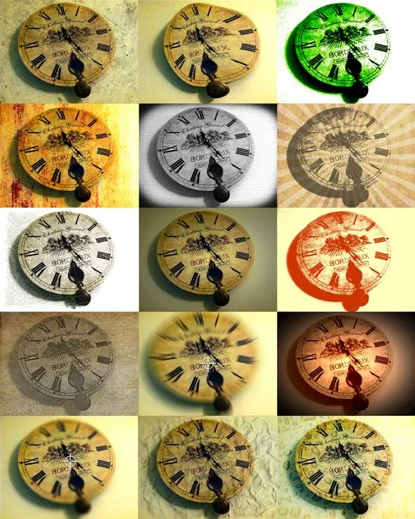 Artistic display of various clock designs with different color filters.