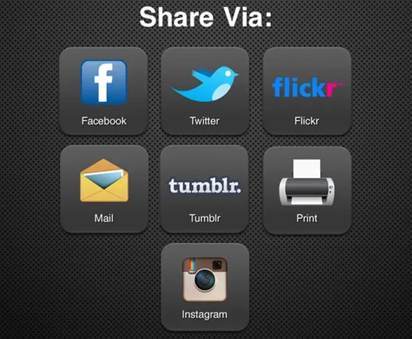 Social media sharing options: Facebook, Twitter, Flickr, email, Tumblr, print, and Instagram.