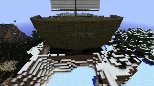 Large wooden ship structure in a snowy landscape within a video game environment.
