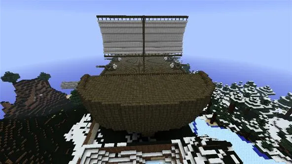Minecraft airship built on a mountainous landscape.