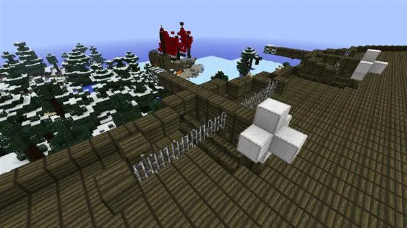 Minecraft landscape with wooden structures and snowy trees.