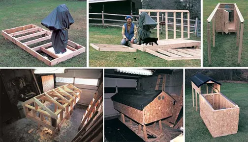 Various stages of a wooden structure being built, including framing and assembly, with tools and a dog present.