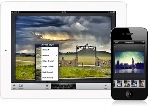 A tablet and smartphone displaying a photo editing application.