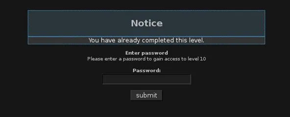 Password entry interface with a notice indicating level completion.