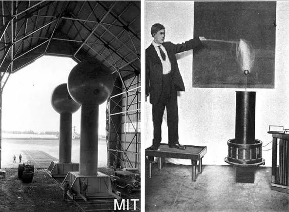 Historical images of electrical experiments at MIT, featuring large apparatus and a demonstration by a man in formal attire.