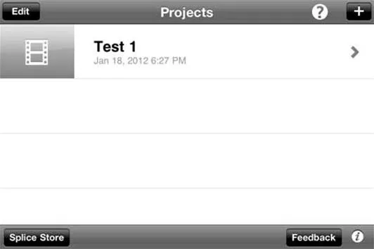 A project list screen from a video editing app showing a single project titled "Test 1" with a date and time.