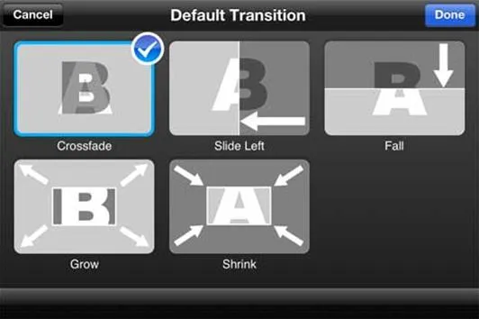 Animation transition options for text in a video editing application.