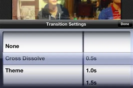 Transition settings options including 'Cross Dissolve' with duration timings.