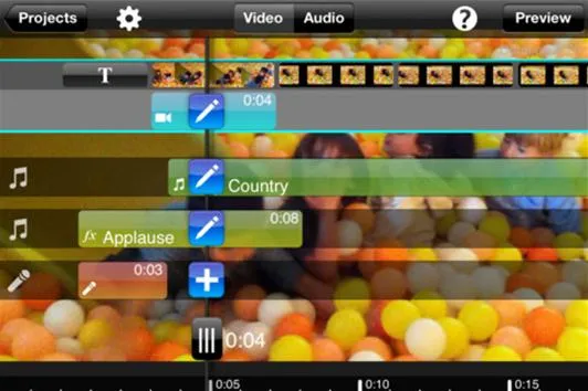 Video editing interface with colorful background and audio tracks.