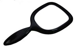Handheld rectangular mirror with a black handle.