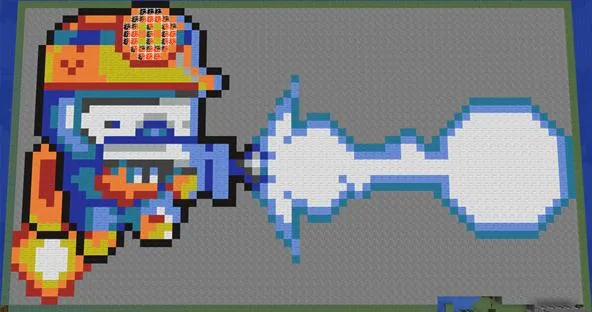 Pixel art of a character wearing a helmet, firing a blue energy blast.