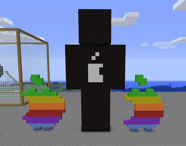 Pixel art representation of a black figure with an apple logo flanked by two colorful apple icons in a Minecraft environment.