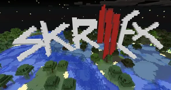 Minecraft landscape featuring the word "SKRILE" in stylized text.