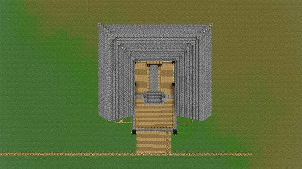 A digital depiction of a stone structure with a wooden entrance in a green landscape.